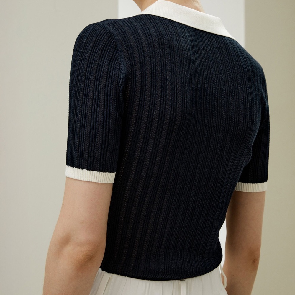 Silk Navy and White Collared Rib Knit Top - Picture 5 of 8